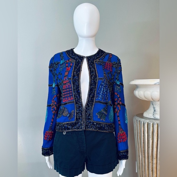Niteline by Della Rofougali 1994 - Royal Blue Silk Beaded Bolero Jacket